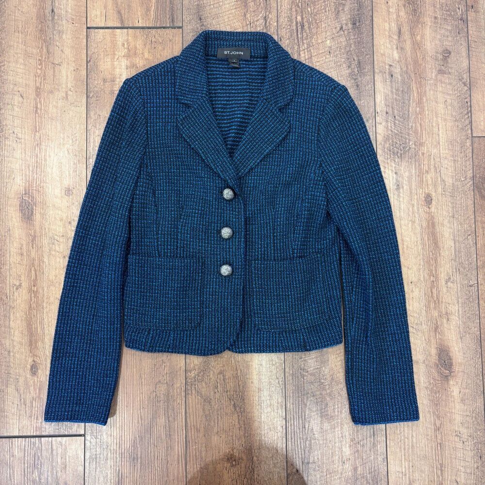 St. John Blue Black Boucle Tweed Knit Wool Blend Blazer Womens Size 8 Luxury EUC - Picture 2 of 8